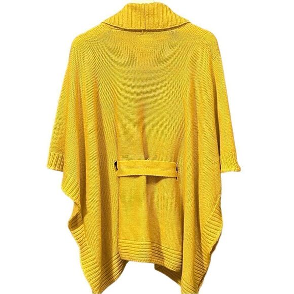 New York & Company Solid Yellow Oversized Open Front Poncho With Front Tie - Picture 4 of 7
